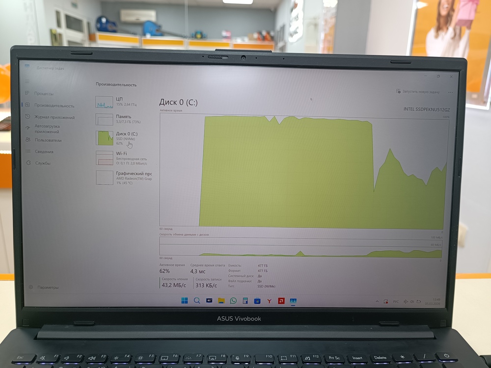 Ноутбук ASUS; Ryzen 5 7520U, AMD Radeon (TM) Graphics, 8 Гб, 512 GB, Нет